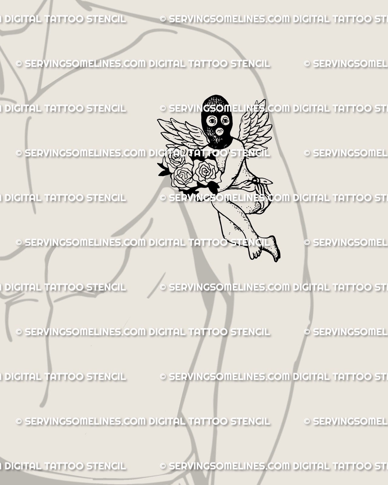 Rose cherub tattoo stencil displayed on men’s arm placement with masked angel face, feathered wings, and dark romantic detail