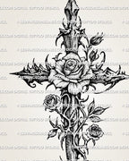 Rose cross tattoo stencil close view showing thorn vine detail and dark floral cross linework