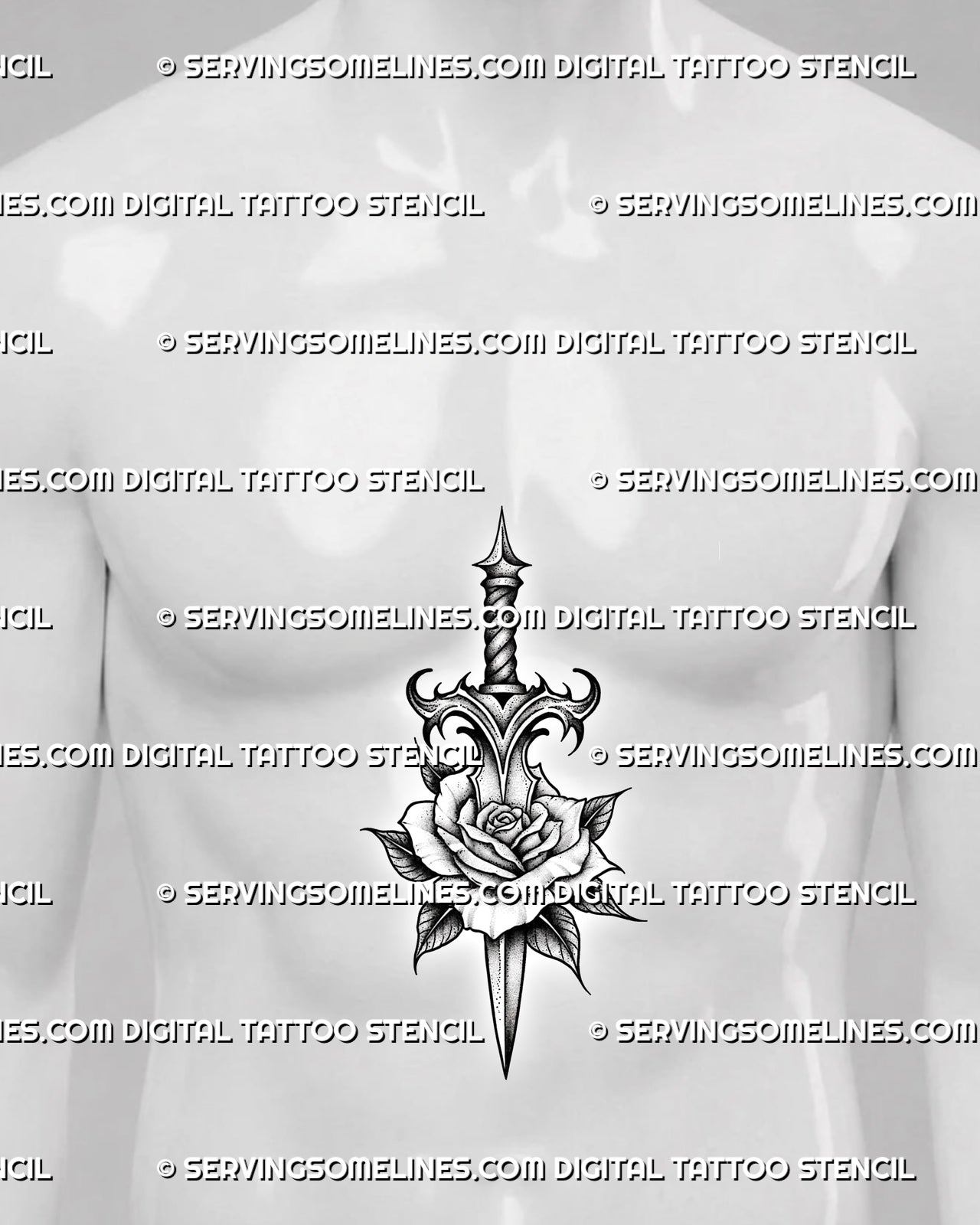 Rose dagger tattoo stencil displayed on men’s stomach center placement, with blade through rose and clean vertical linework