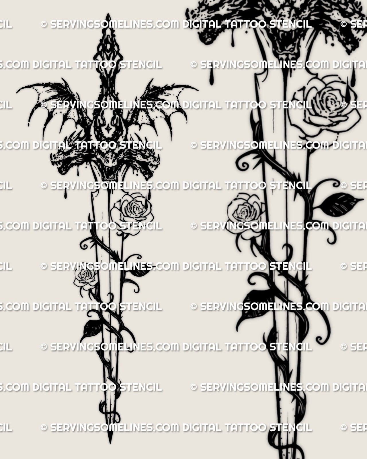 high resolution rose dagger tattoo stencil with thorn vines and symbolic memento mori blade elements for gothic or witchcore style