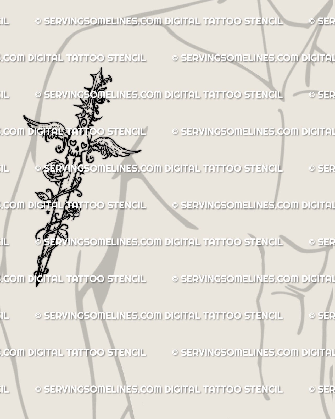 mens bicep tattoo mockup featuring rose dagger with skull wings and stars in y2k emo aesthetic linework for upper arm tattoo ideas
