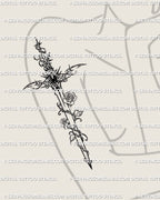 rose dagger tattoo on upper arm shown as floral sword design with vines and ornate handle, feminine arm placement vertical artwork