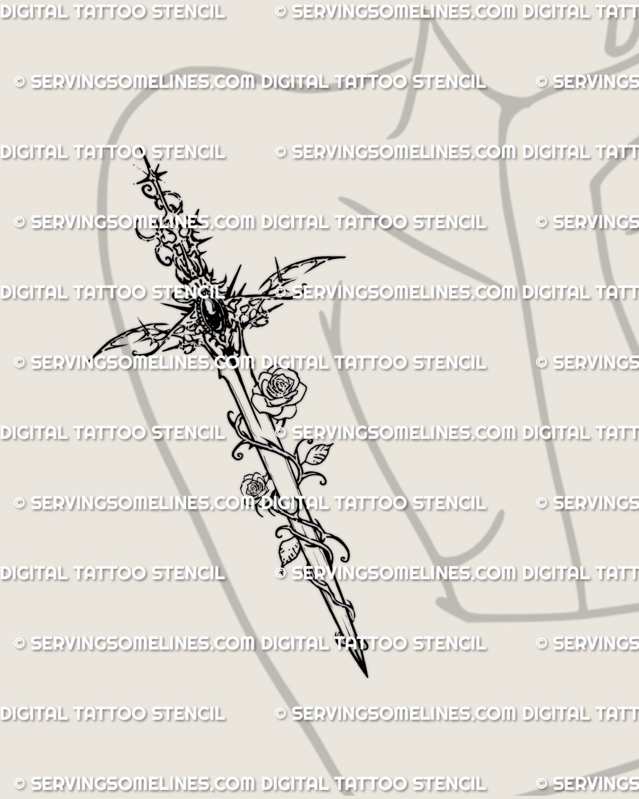 rose dagger tattoo on upper arm shown as floral sword design with vines and ornate handle, feminine arm placement vertical artwork