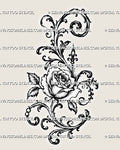 Rose filigree tattoo stencil with one open rose, layered petals, serrated leaves, curling acanthus scrollwork, and a pointed ornamental accent