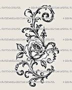 Rose filigree tattoo stencil with one open rose, layered petals, serrated leaves, curling acanthus scrollwork, and a pointed ornamental accent