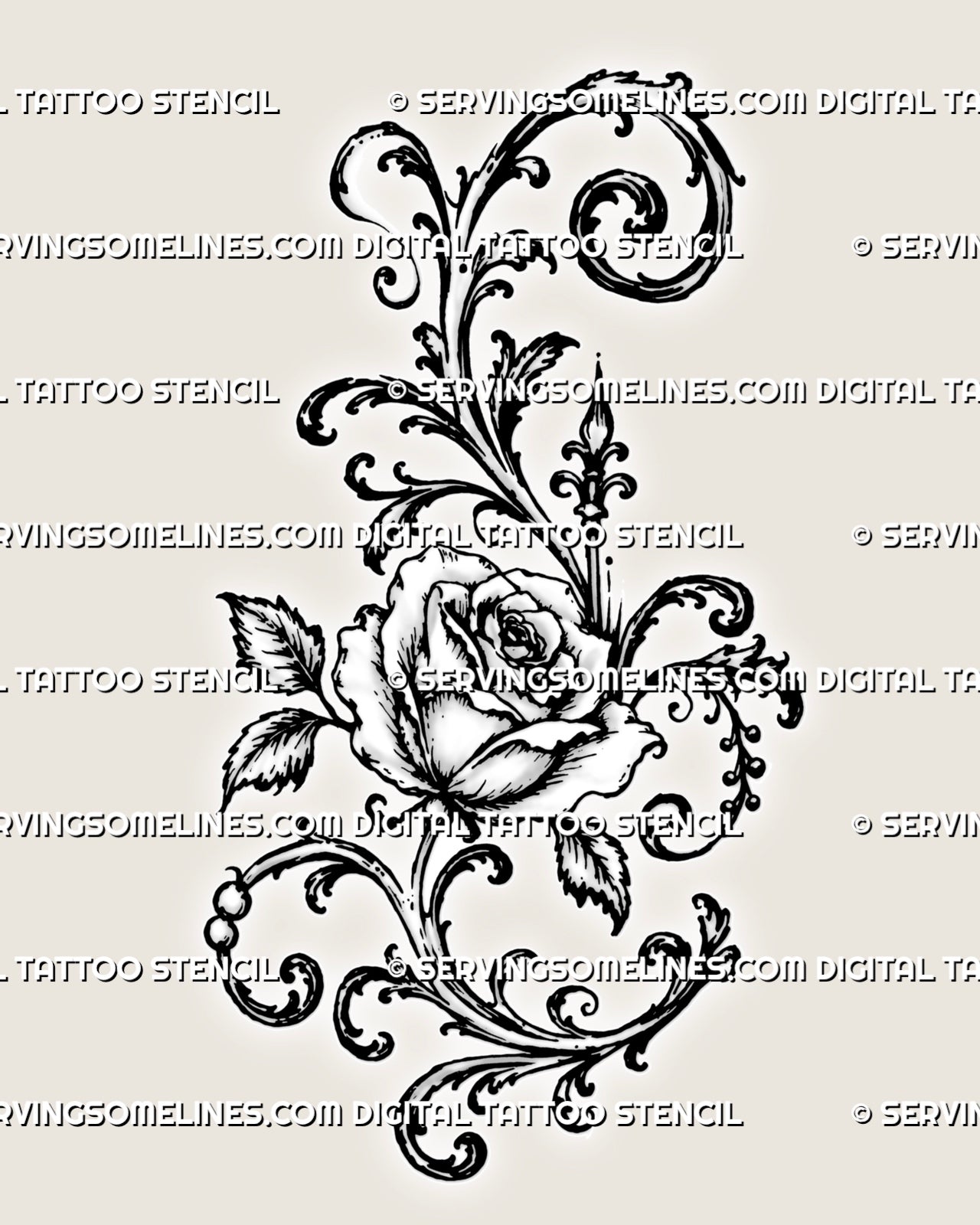 Rose filigree tattoo stencil with one open rose, layered petals, serrated leaves, curling acanthus scrollwork, and a pointed ornamental accent