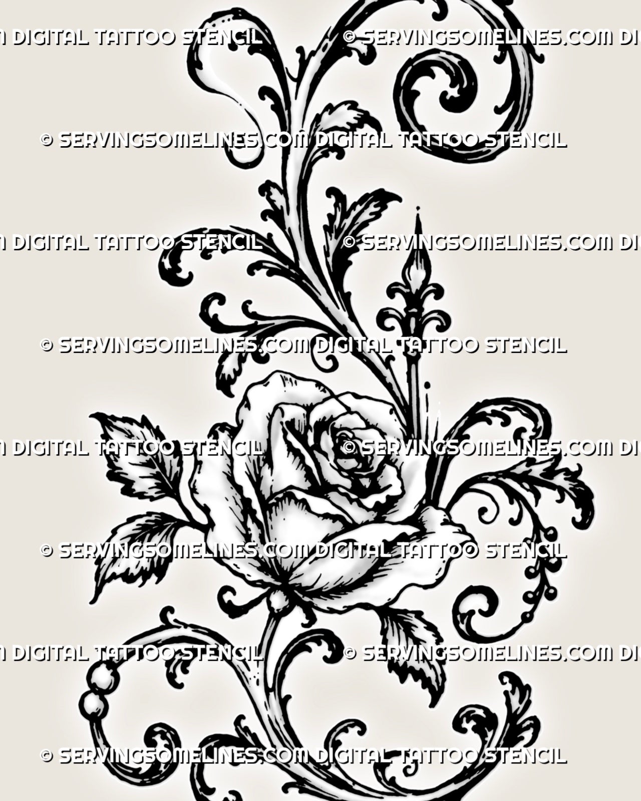 Close detail of rose filigree tattoo stencil showing overlapping petals, dark inner folds, fine shading, serrated leaves, and curled ornamental linework