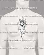 Rose on fire tattoo centered on a man’s chest with a layered rose bloom, rising flames, pointed leaves, curved thorns, and stippled shading