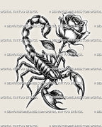 Rose scorpion tattoo stencil preview with segmented body armor, open claws, thorn-like stem, and shaded floral blackwork