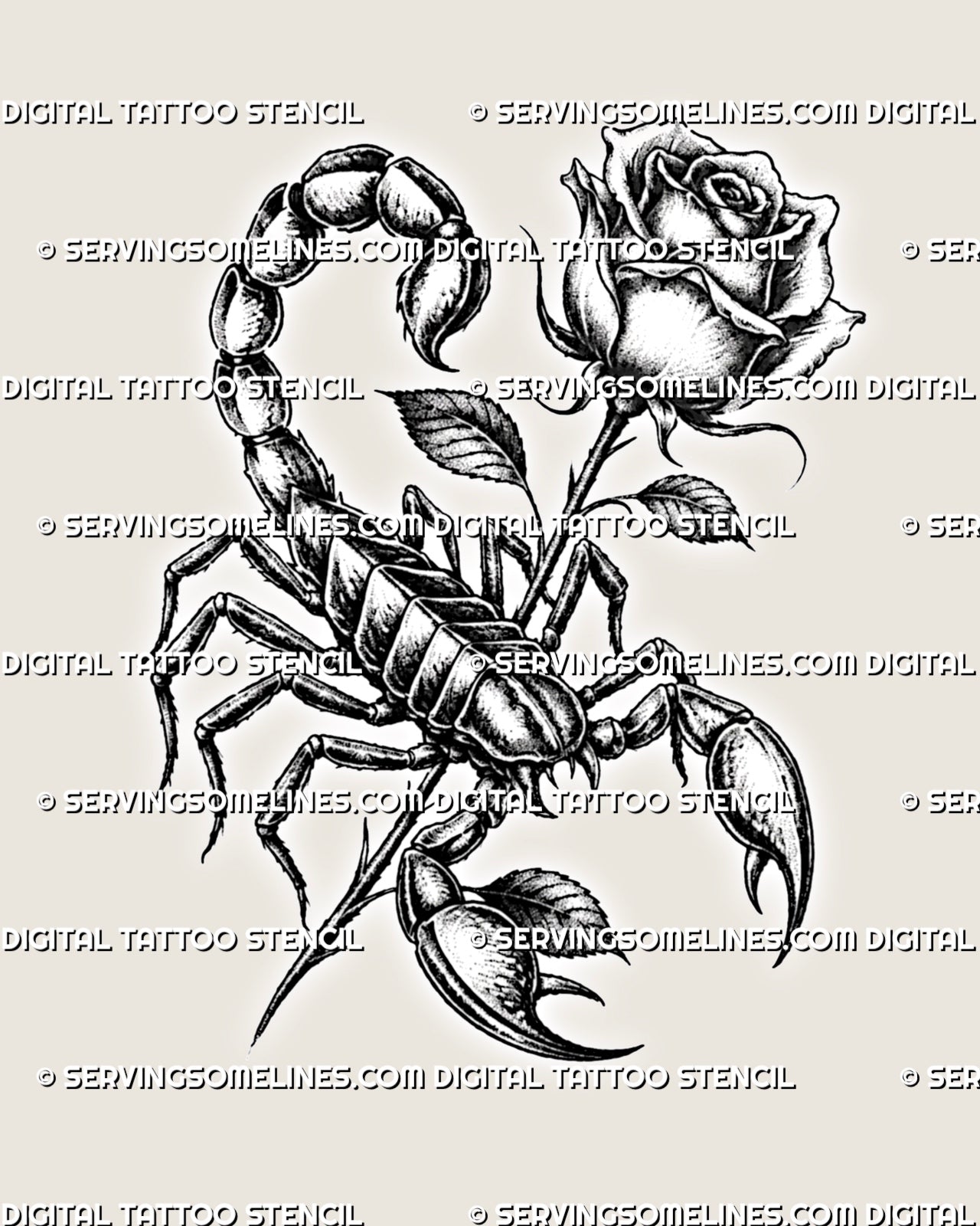Rose scorpion tattoo stencil preview with segmented body armor, open claws, thorn-like stem, and shaded floral blackwork