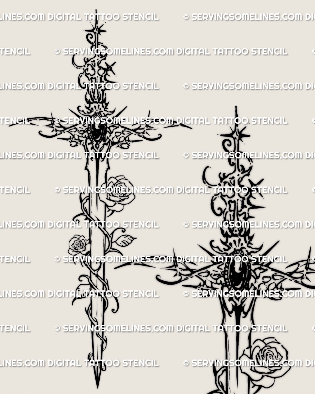 rose sword tattoo stencil with floral vines and decorative jewel handle, vertical blade design for spine sternum thigh or forearm placement