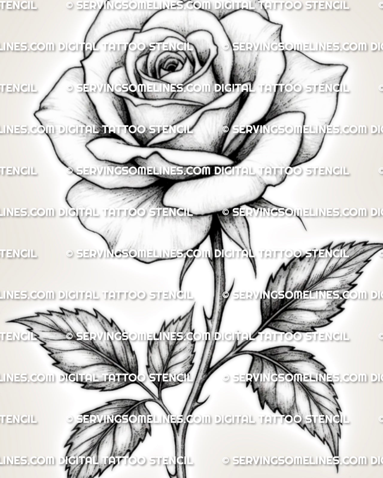 Close view of rose tattoo stencil showing layered petals, soft shading, pointed leaves, and clean floral linework