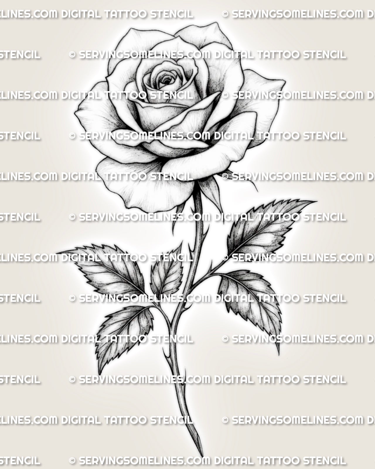 Rose tattoo stencil design with single bloom, long stem, pointed leaves, soft petal shading, and clean printable linework