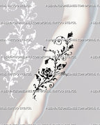 Rose vine forearm tattoo with a tall climbing stem, open rose, rosebuds, swirly tendrils, and sketch-style black ink botanical details