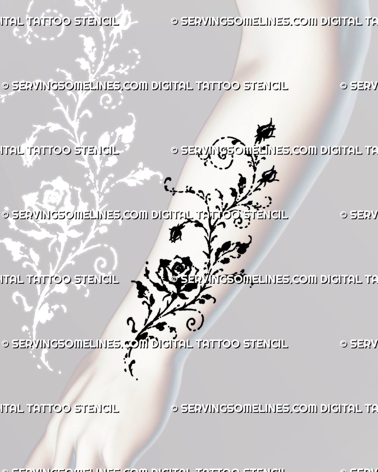 Rose vine forearm tattoo with a tall climbing stem, open rose, rosebuds, swirly tendrils, and sketch-style black ink botanical details