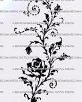 Rose vine tattoo stencil with open rose, climbing rosebuds, spiral tendrils, curved leaves, and expressive hand-drawn black ink botanical linework