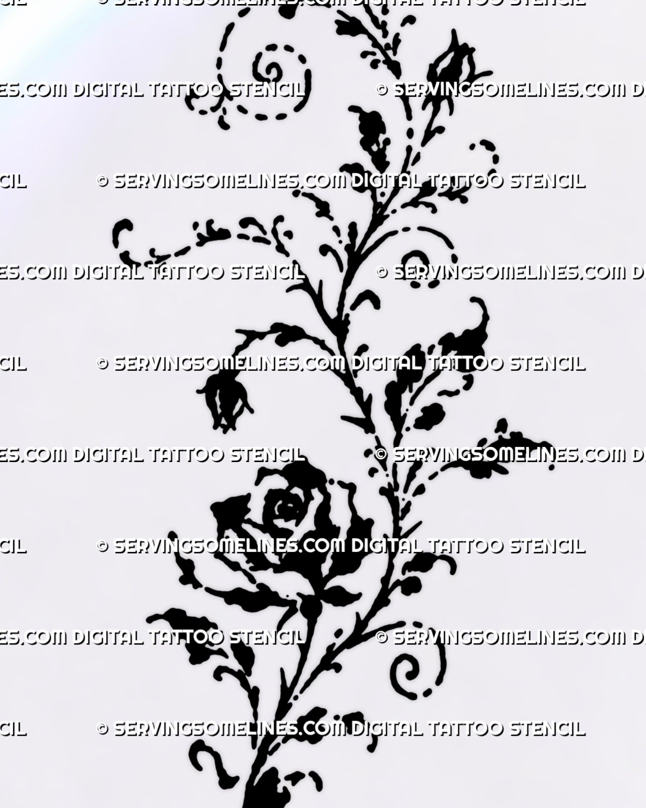 Rose vine tattoo stencil with open rose, climbing rosebuds, spiral tendrils, curved leaves, and expressive hand-drawn black ink botanical linework