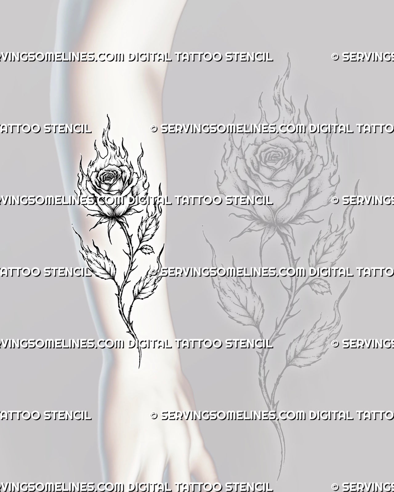Rose with flames tattoo shown on the forearm with a full burning bloom, long thorned stem, branching leaves, and vertical fire details