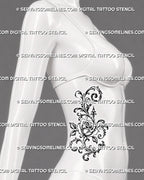 Rose and filigree tattoo shown on a female side body with an open bloom, elongated scrollwork, curled leaves, and flowing ornamental stems