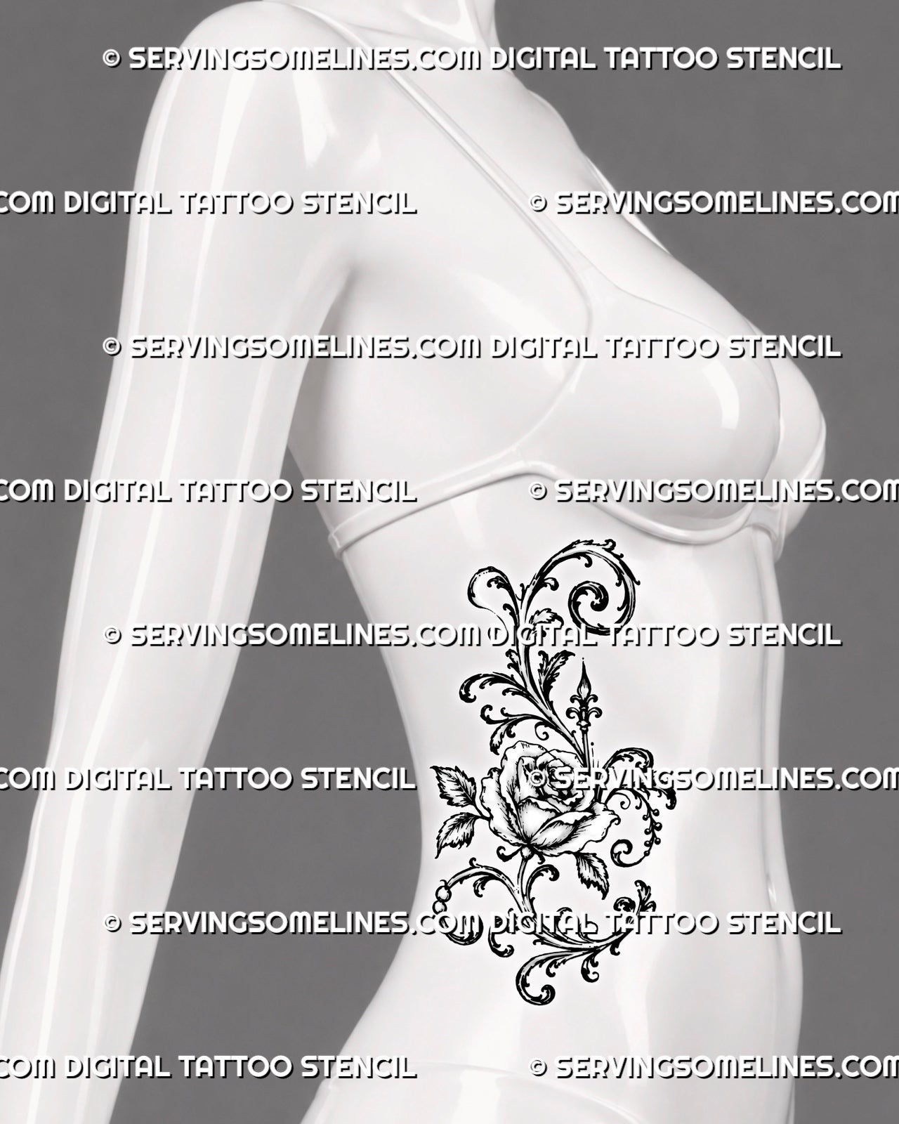 Rose and filigree tattoo shown on a female side body with an open bloom, elongated scrollwork, curled leaves, and flowing ornamental stems