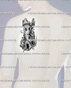 Ruined castle tower tattoo stencil shown on men’s shoulder blade with cracked medieval stone, broken tower top, roots, rubble, and dark ruins texture