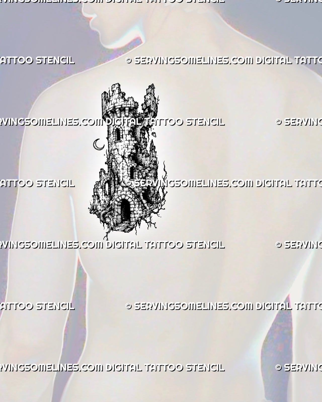 Ruined castle tower tattoo stencil shown on men’s shoulder blade with cracked medieval stone, broken tower top, roots, rubble, and dark ruins texture