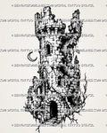 Ruined medieval watchtower tattoo stencil with broken stone tower, damaged battlements, arched openings, roots, rubble, and dark fantasy texture