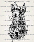 Ruined medieval watchtower tattoo stencil with broken stone tower, damaged battlements, arched openings, roots, rubble, and dark fantasy texture