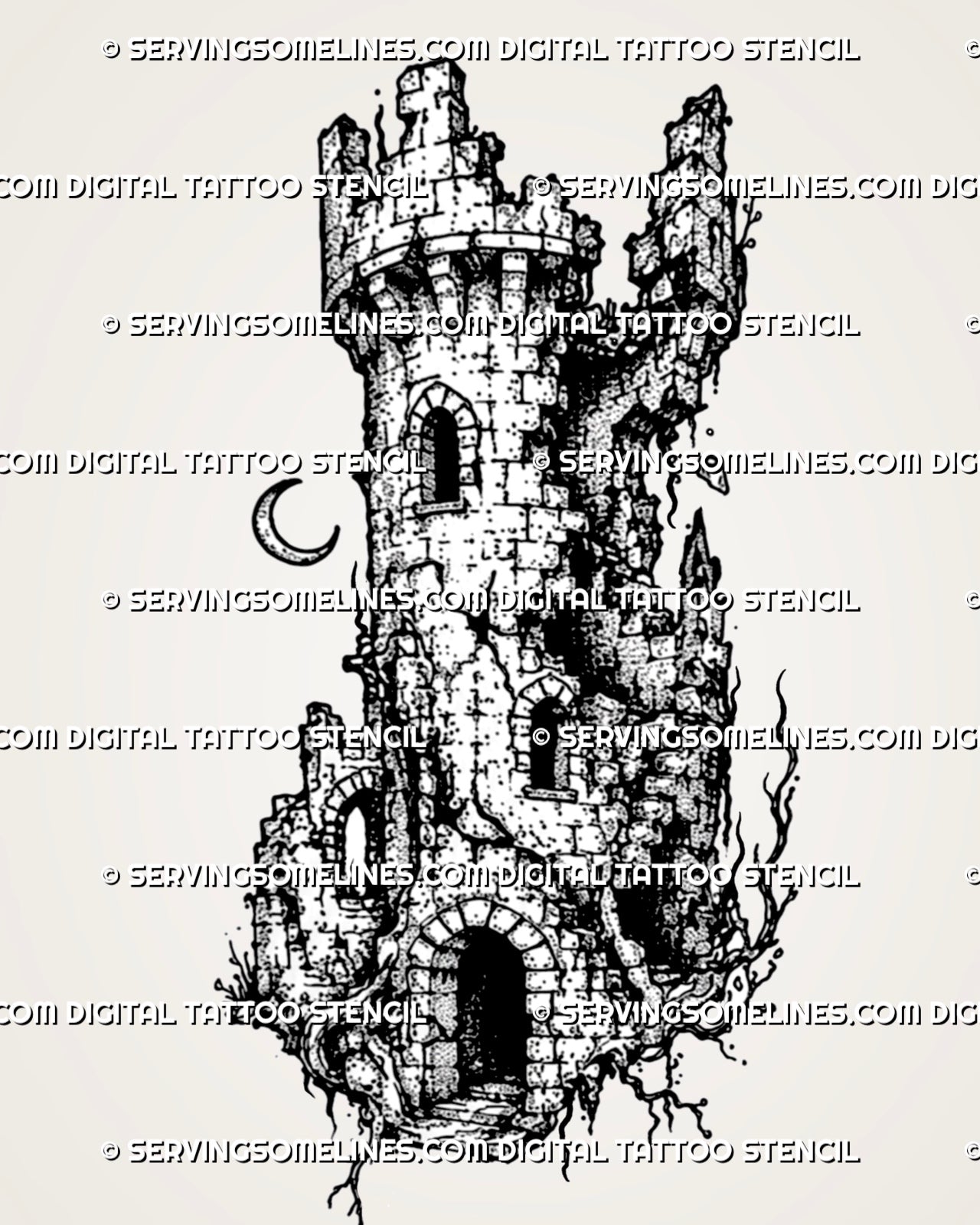 Ruined medieval watchtower tattoo stencil with broken stone tower, damaged battlements, arched openings, roots, rubble, and dark fantasy texture