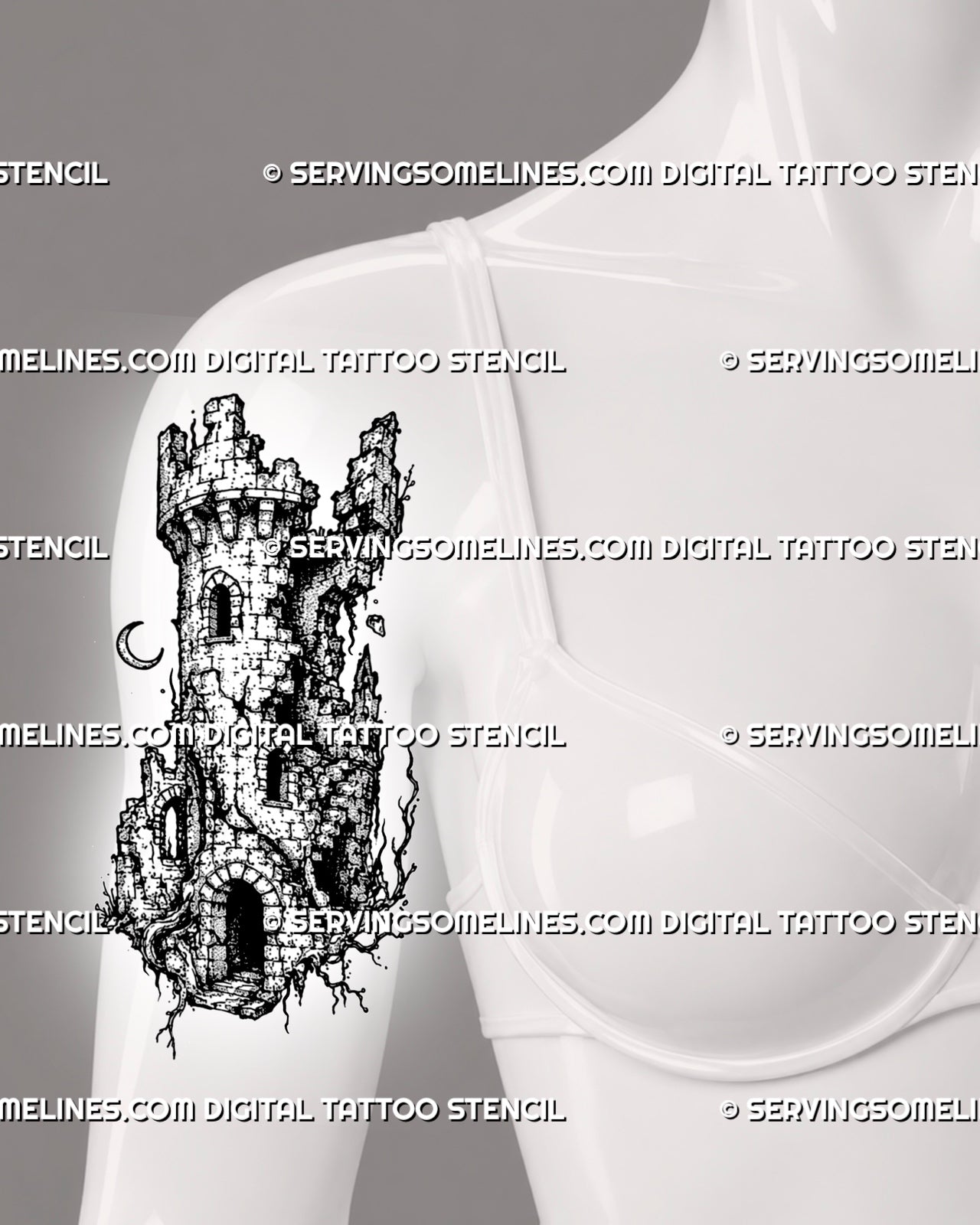 Ruined medieval watchtower tattoo stencil shown on women’s front upper arm with cracked stone, broken battlements, roots, and dark ruins detail