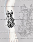 Ruined tower tattoo stencil shown on forearm with vertical medieval watchtower, broken stone walls, arched windows, rubble, and dark texture