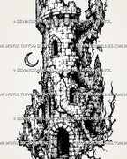 Close view of ruined watchtower tattoo design showing cracked stone blocks, arched openings, damaged tower edges, rubble, and exposed roots