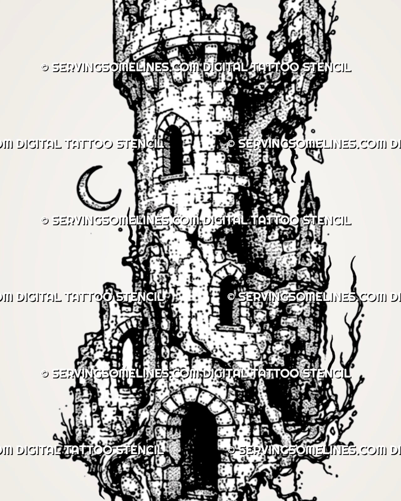 Close view of ruined watchtower tattoo design showing cracked stone blocks, arched openings, damaged tower edges, rubble, and exposed roots