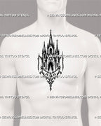 Sacred architecture tattoo stencil shown on men’s chest center with medieval church design, pointed arches, cross finials, and chain ornaments