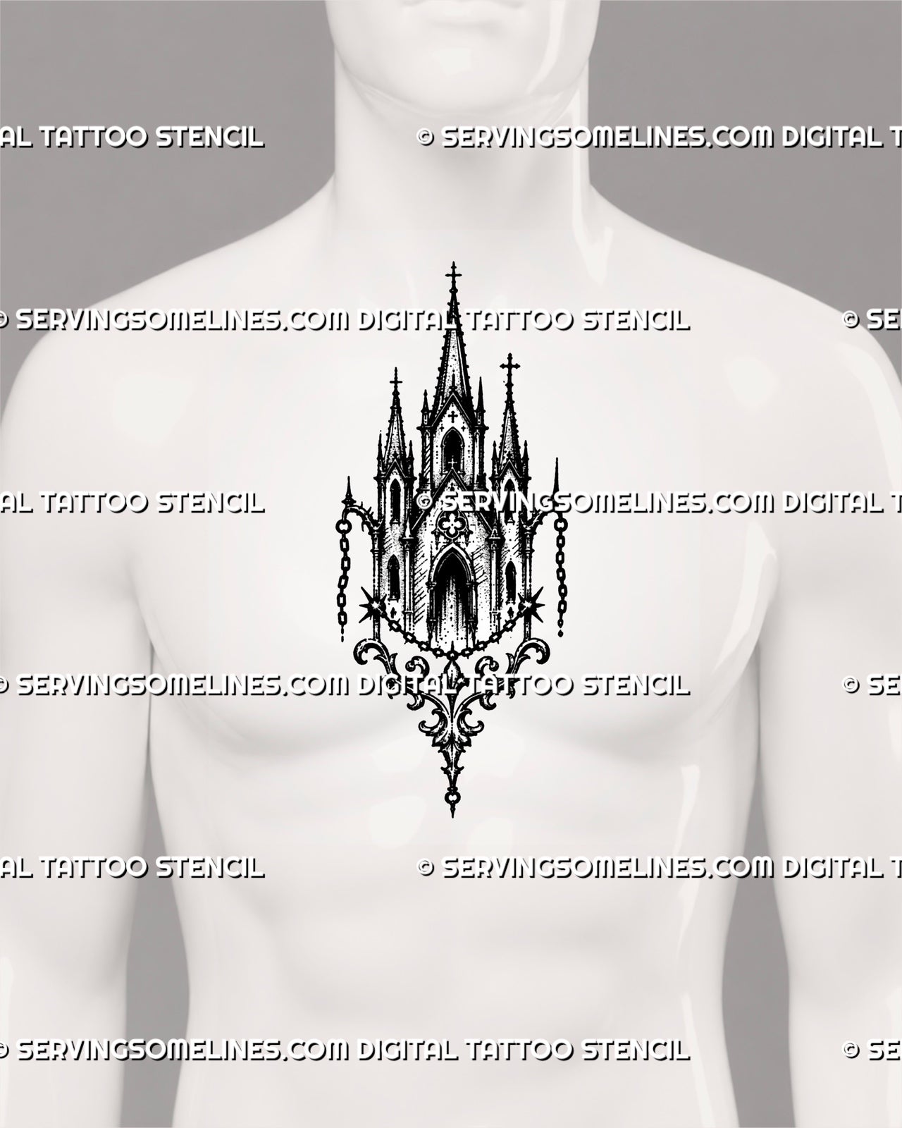 Sacred architecture tattoo stencil shown on men’s chest center with medieval church design, pointed arches, cross finials, and chain ornaments