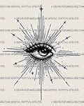 Sacred eye tattoo stencil download with radiant rays, celestial star details, dotted shading, bold lashes, and printable design file.