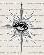 Sacred eye tattoo stencil download with radiant rays, celestial star details, dotted shading, bold lashes, and printable design file.