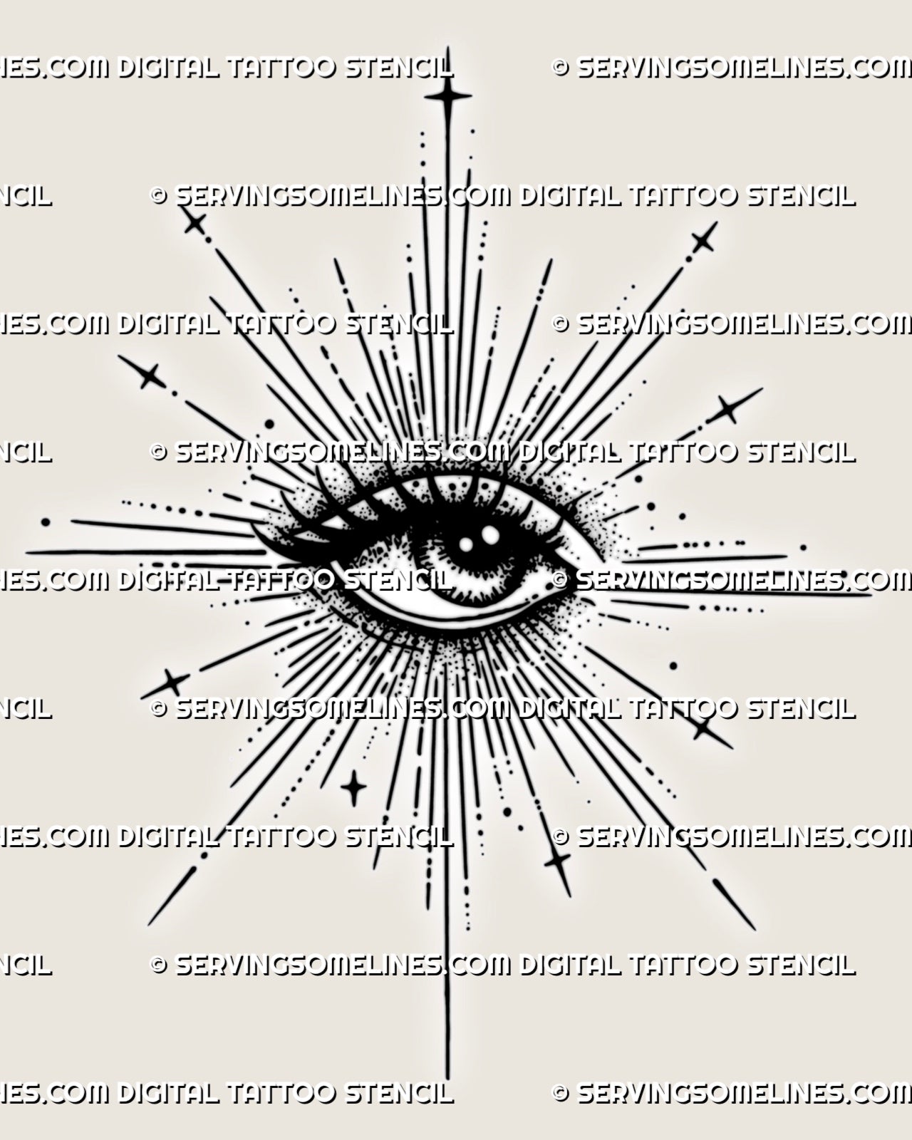 Sacred eye tattoo stencil download with radiant rays, celestial star details, dotted shading, bold lashes, and printable design file.