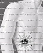 Sacred eye tattoo stencil shown on men’s ribs, with long radiant rays, dotted shading, bold lashes, and clean printable detail.
