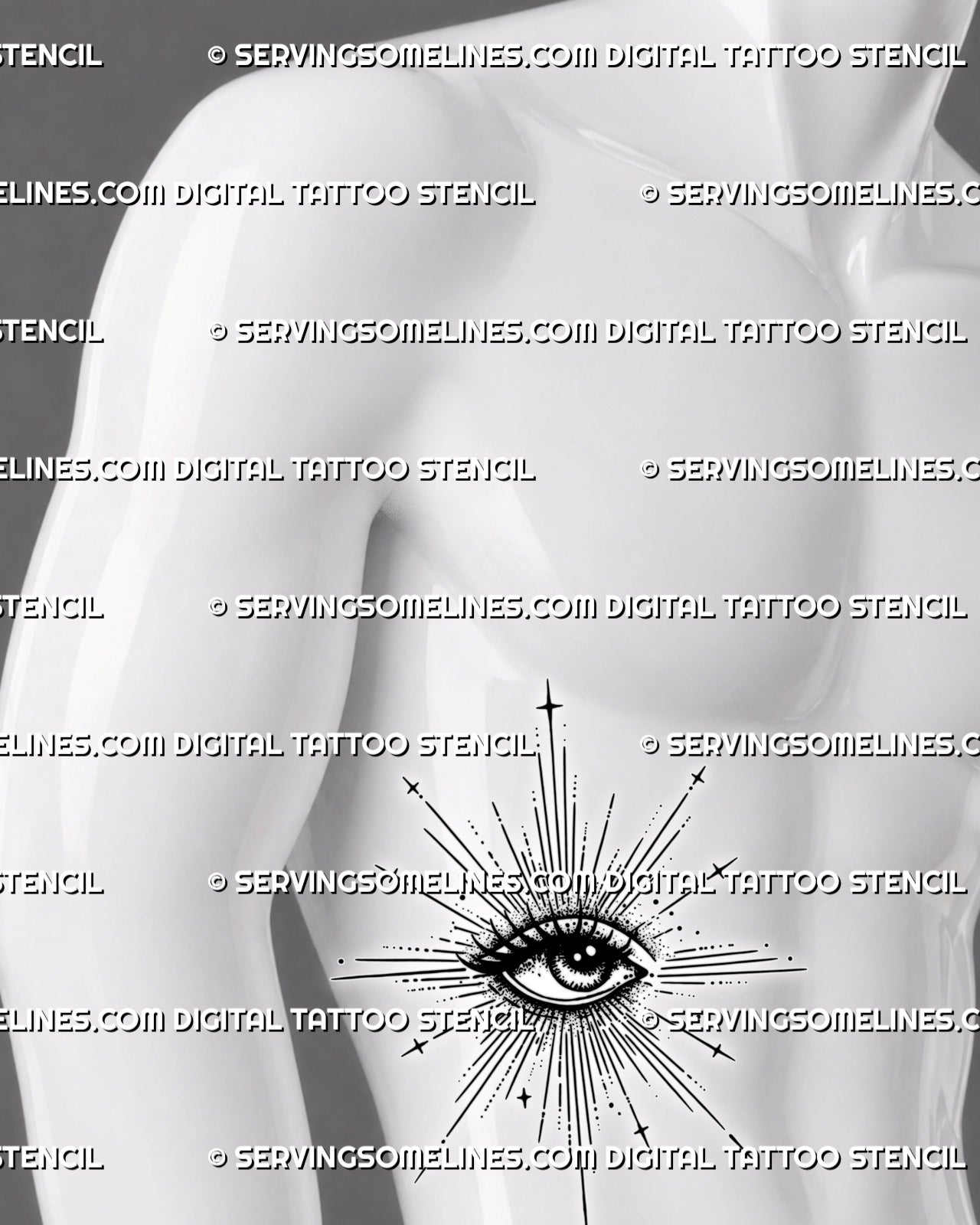 Sacred eye tattoo stencil shown on men’s ribs, with long radiant rays, dotted shading, bold lashes, and clean printable detail.