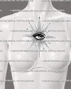 Sacred eye tattoo preview on women’s centered chest, with radiant linework, star accents, dotted shading, and bold lashes.