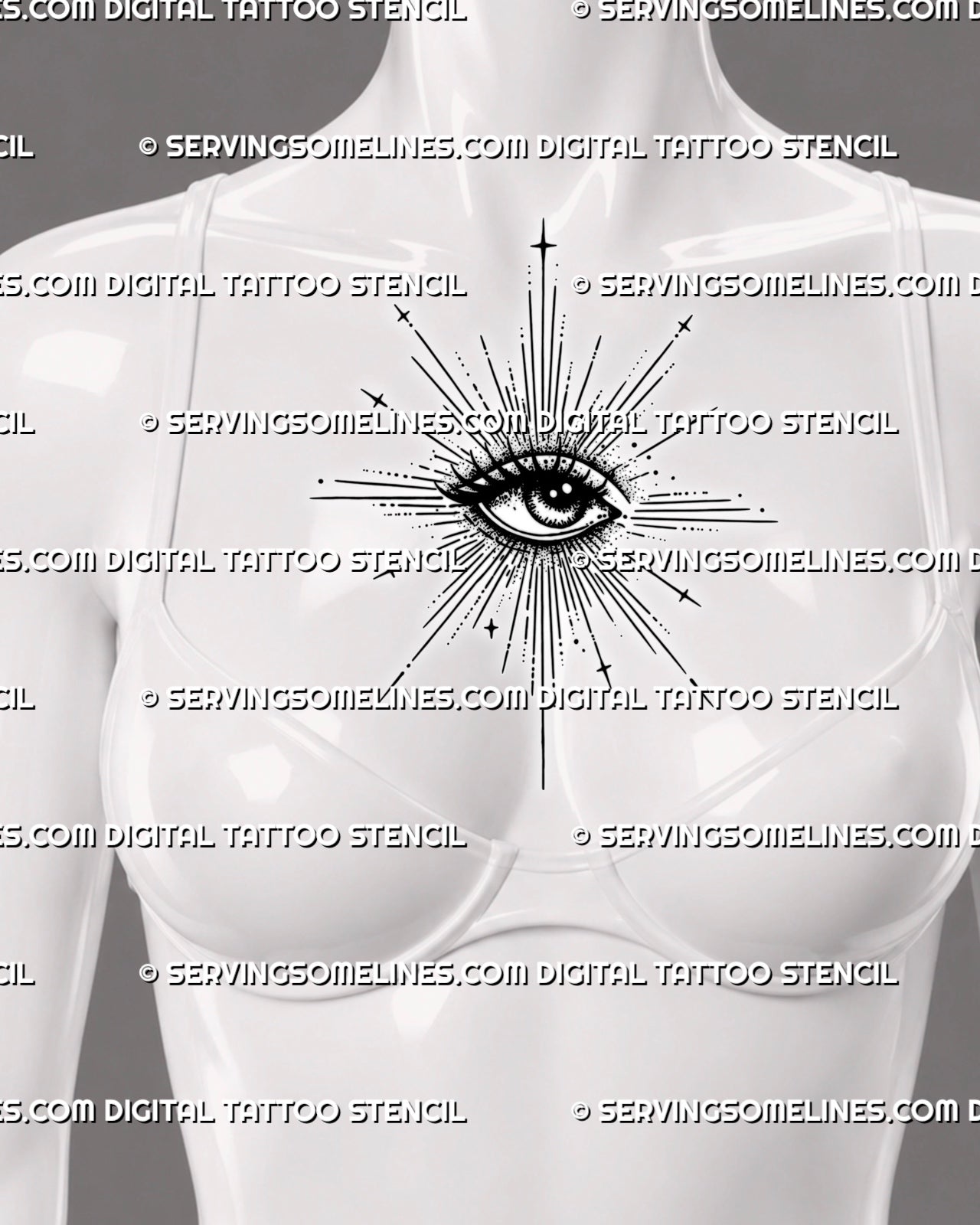 Sacred eye tattoo preview on women’s centered chest, with radiant linework, star accents, dotted shading, and bold lashes.