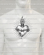 Sacred heart barbed wire tattoo shown on men’s center chest placement with flame detail