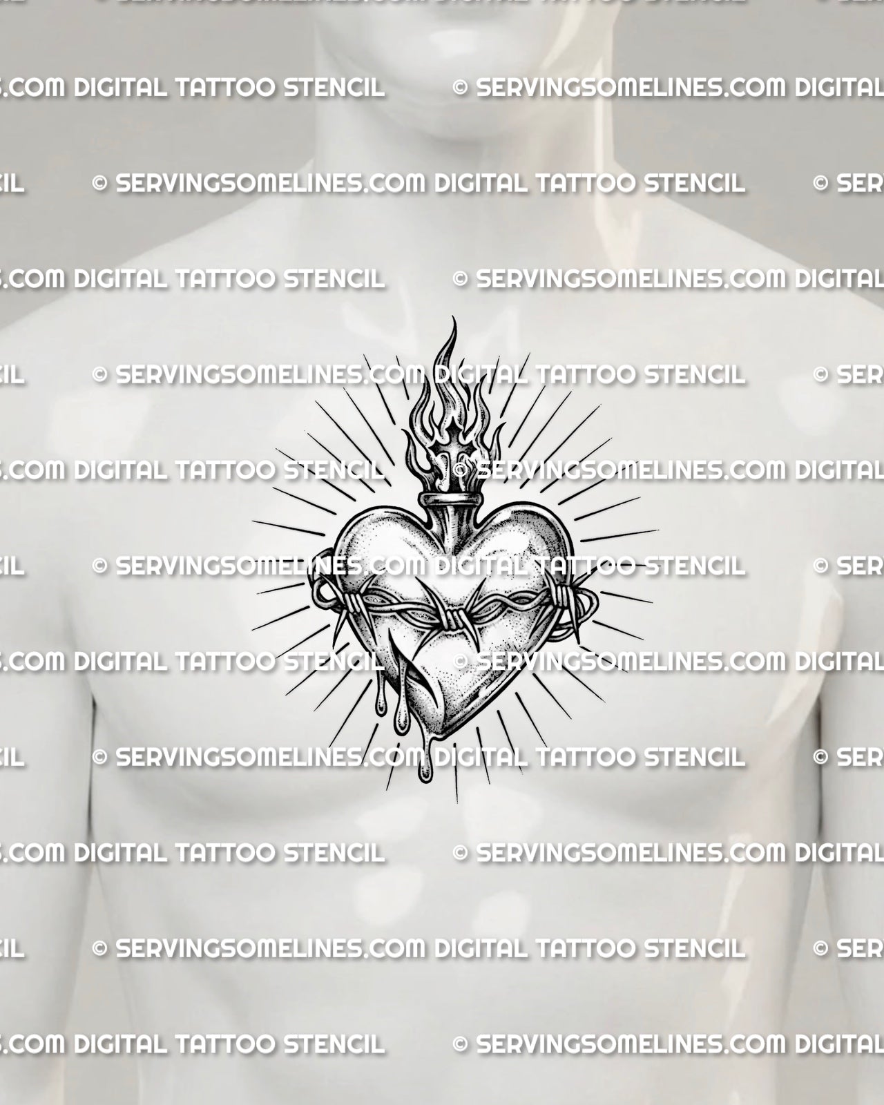 Sacred heart barbed wire tattoo shown on men’s center chest placement with flame detail