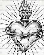 Sacred heart barbed wire tattoo stencil with flame detail, radiating rays, and wire across the heart
