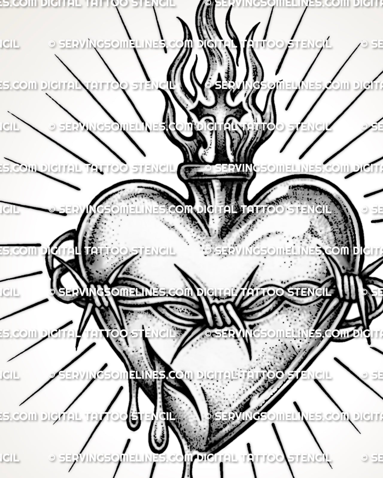 Sacred heart barbed wire tattoo stencil with flame detail, radiating rays, and wire across the heart