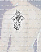 Sacred heart cross tattoo shown on men’s shoulder blade placement with chrome-style shading, flame detail, and sharp rays.
