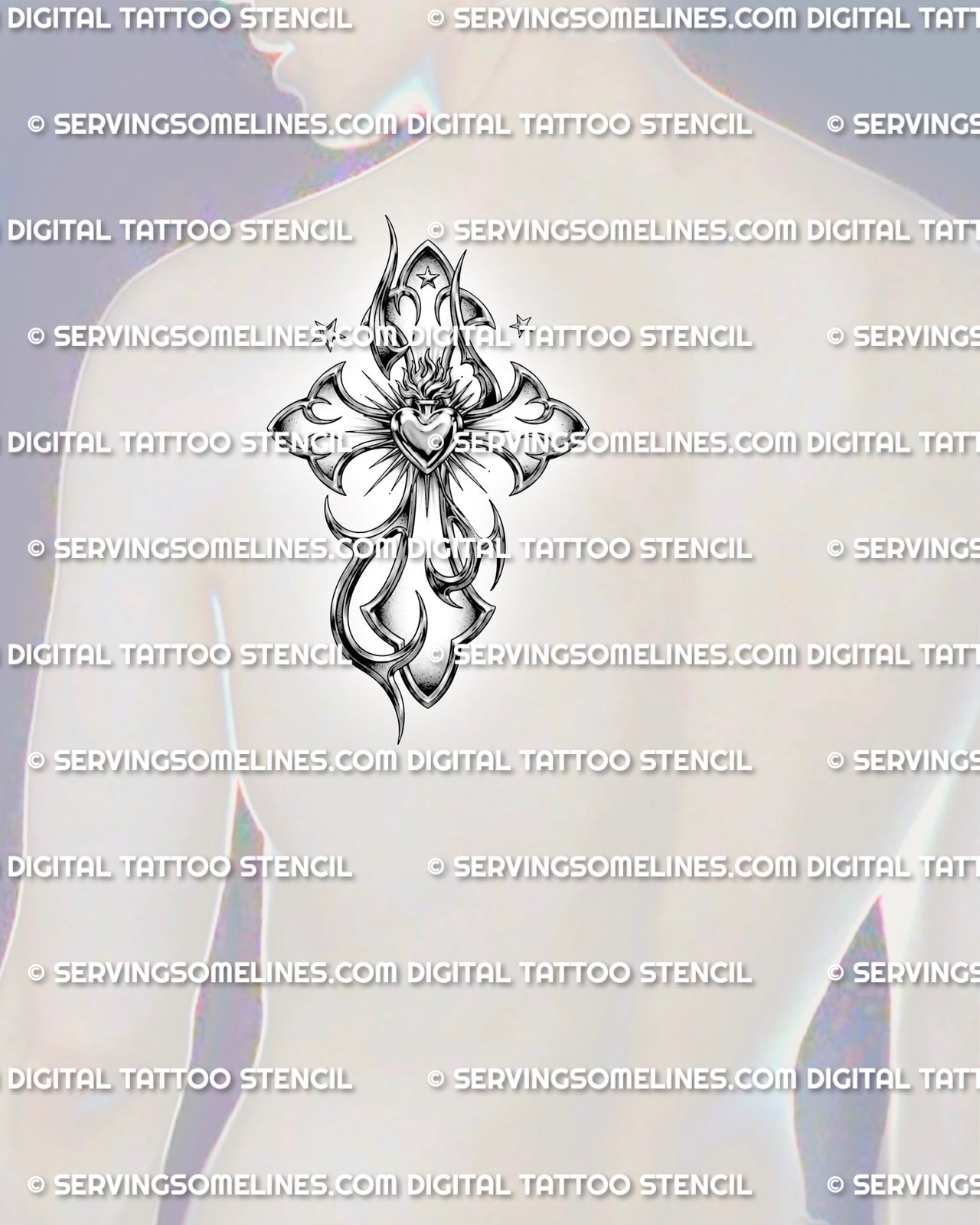 Sacred heart cross tattoo shown on men’s shoulder blade placement with chrome-style shading, flame detail, and sharp rays.