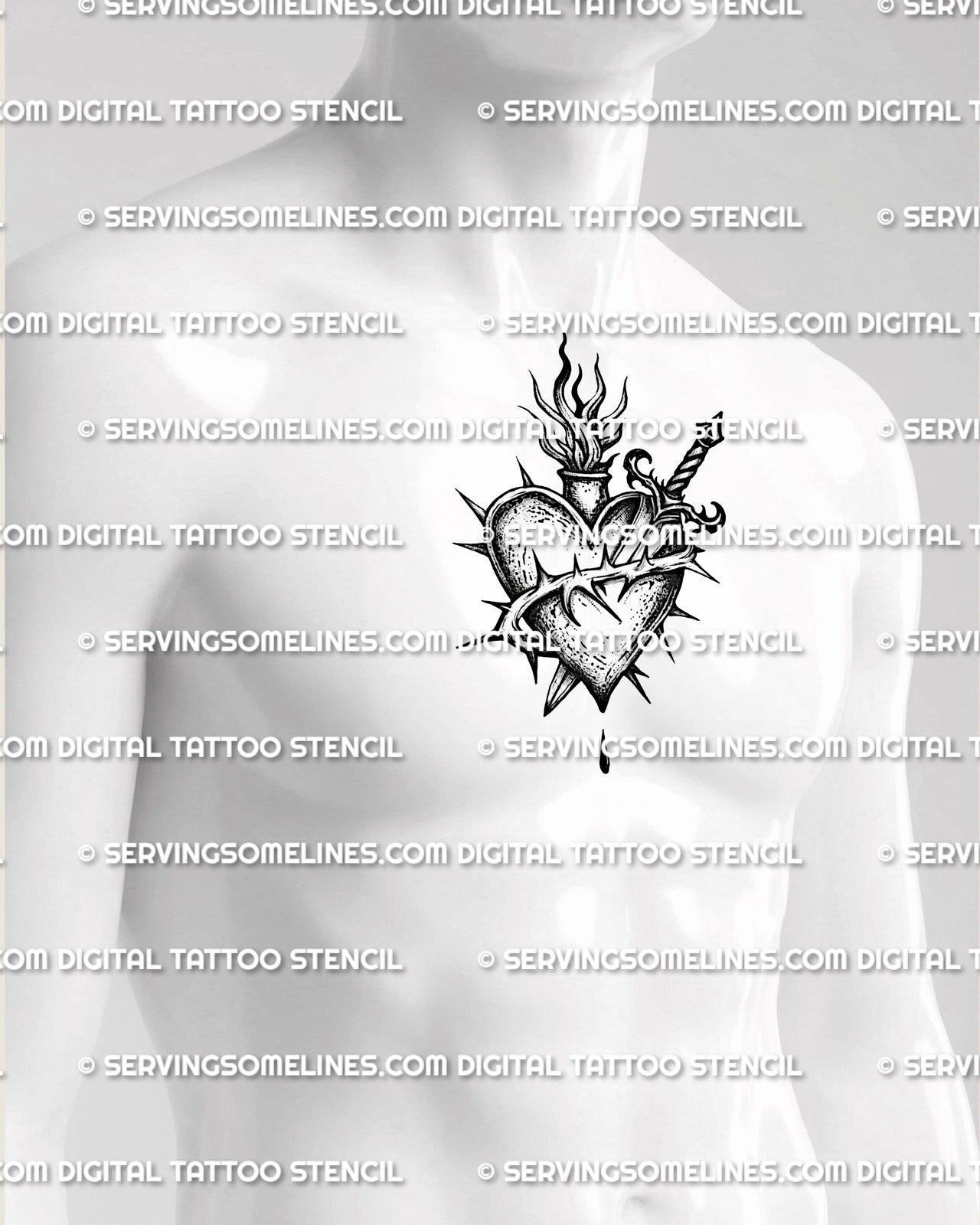 Sacred heart dagger tattoo shown on men’s center chest placement with dark heart shading and flame detail