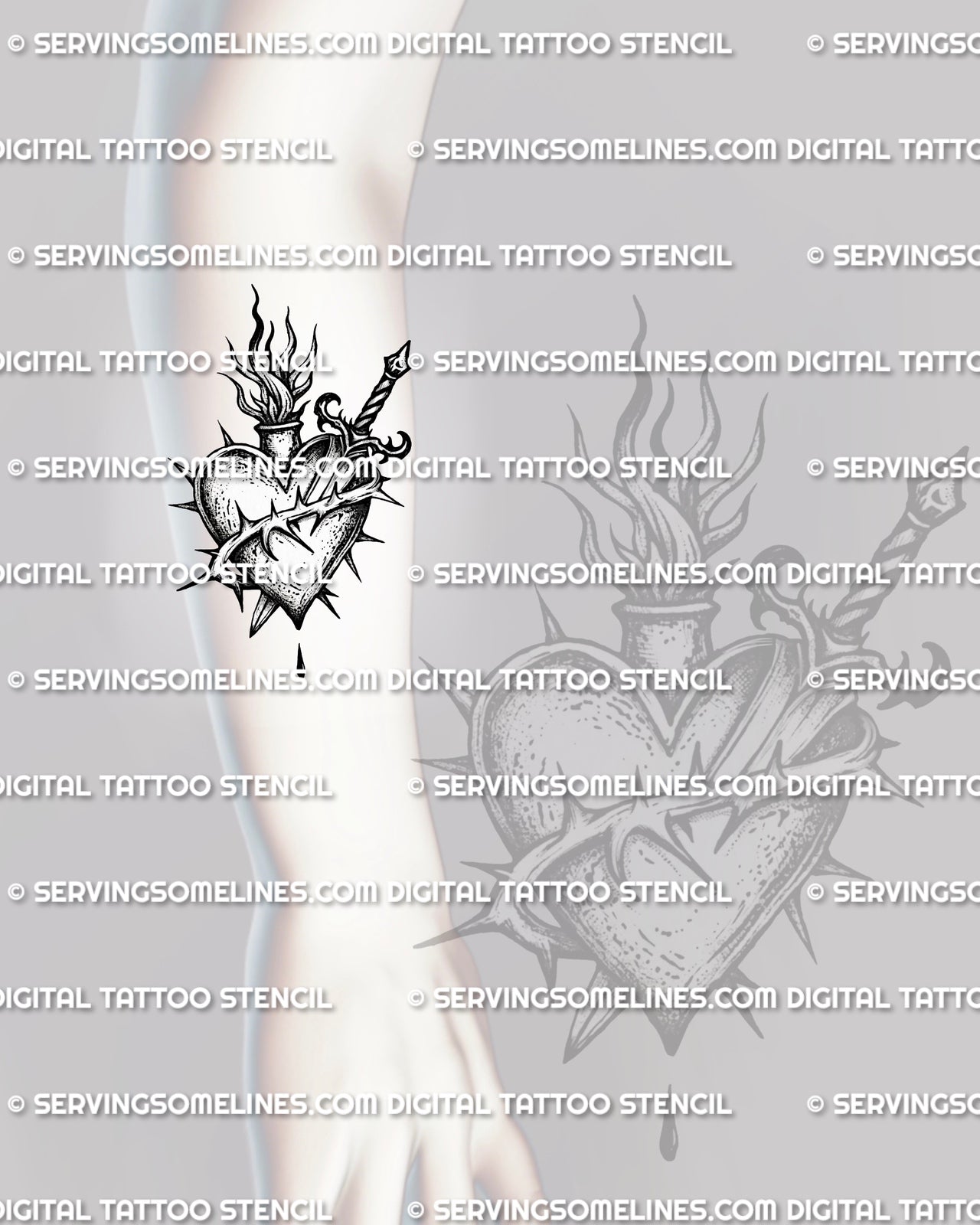 Sacred heart dagger tattoo stencil shown on forearm placement with flame, thorn wrap, and diagonal blade